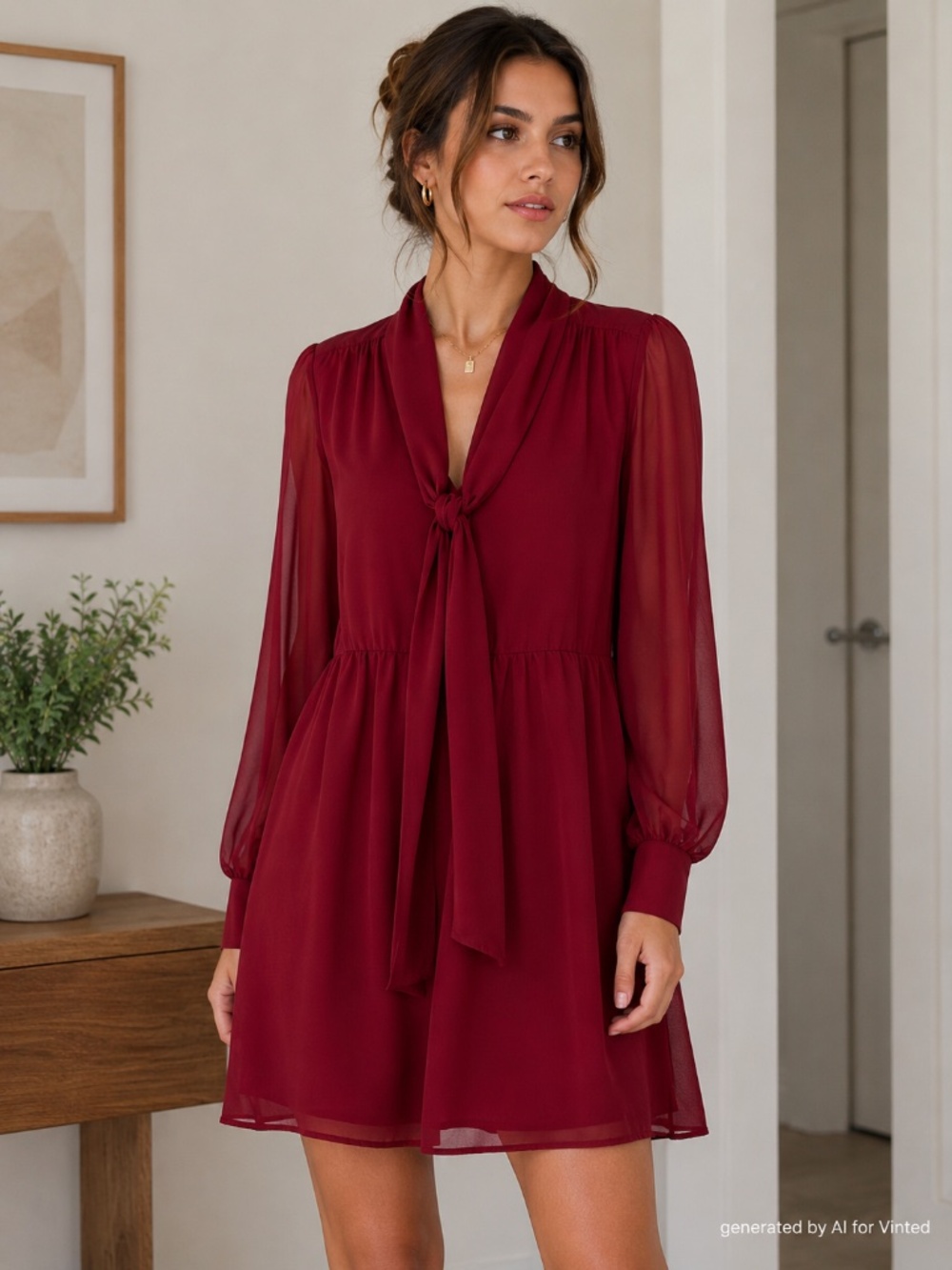 Warehouse Burgundy Chiffon Tie-Neck Dress - size M